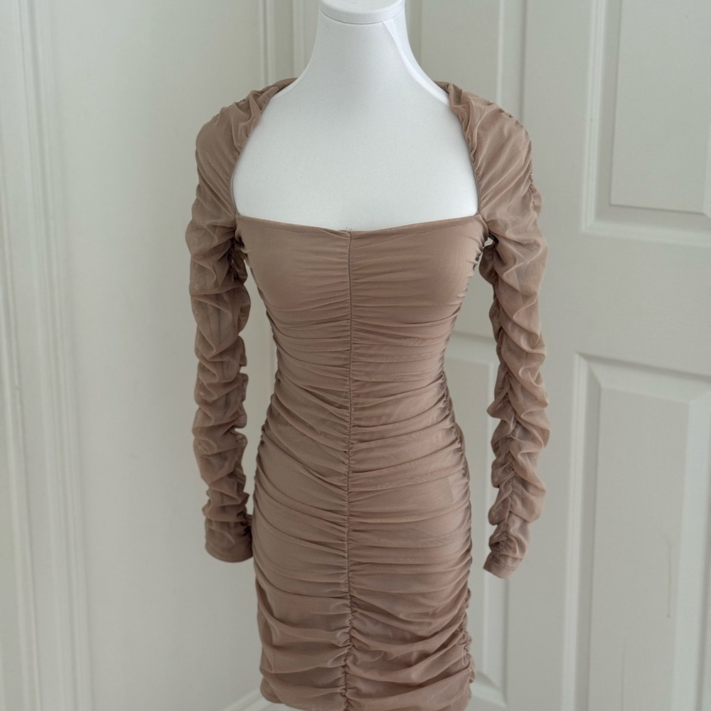Elegant Ruched Tan Dress
